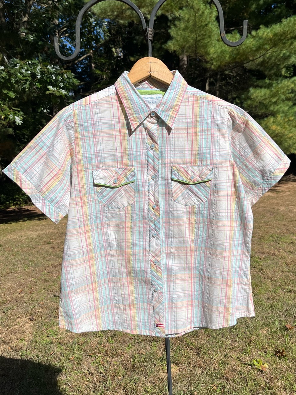 Y2K 2003 Wrangler Blues NWT Pastel Plaid Metallic Button-Up Shirt Western Girly